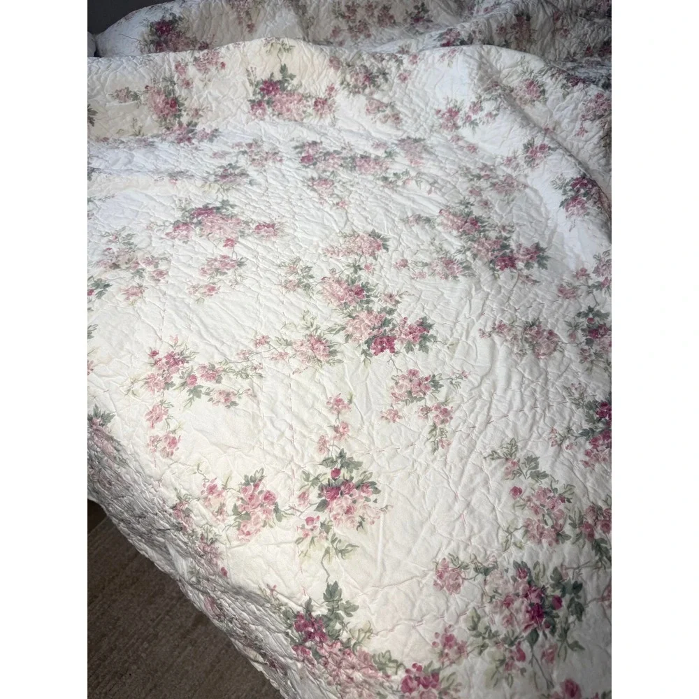 VTG Simply Shabby Chic Pink Floral Rose Cotton King Quilt Laura Ashley cottagec